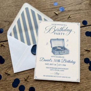 Invitación Tocadiscos Vintage Azul Cumpleaños 50