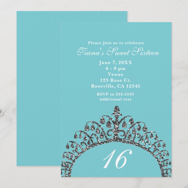 Invitación Tocado Corona de Purpurina Plateada Falsa Dulce Fi (Anverso / Reverso)