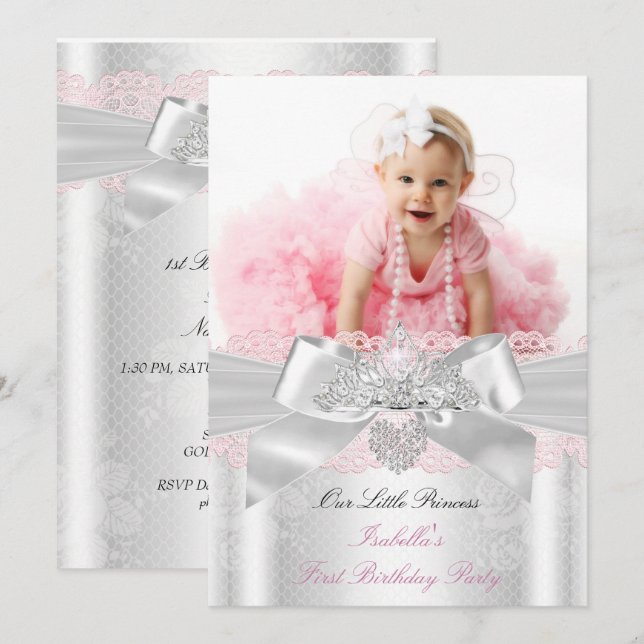 Invitación Tocado de Diamante de Encaje Rosa y Blanco para Pr (Anverso / Reverso)