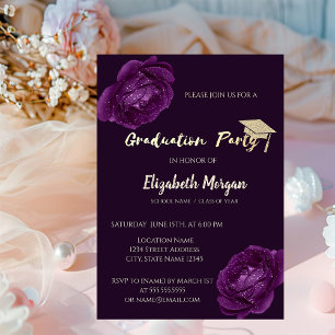 Invitación Tocado de graduación con brillo moderno, rosas púr