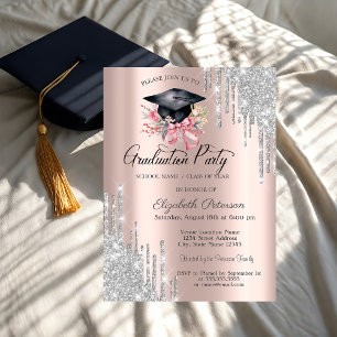 Invitación Tocado de graduación floral con gotas de purpurina