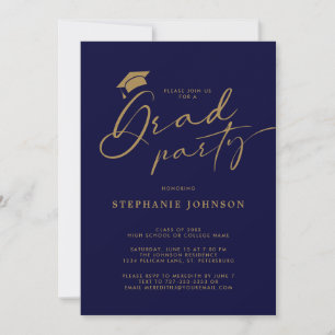 Invitación Tocado de graduación navy dorado Caligrafía Fiesta