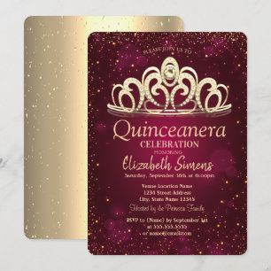 Invitación Tocado de oro chic confeti Burgundy Quinceañera
