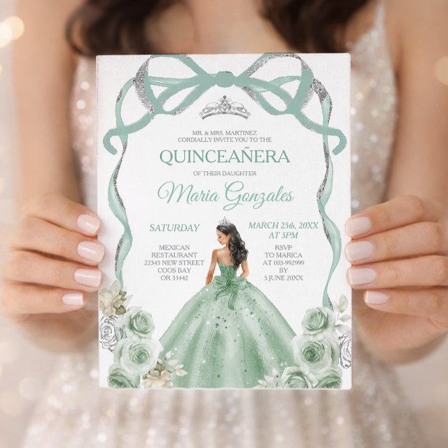 Invitación Tocado de Verde Salvia Princesa Corona de Plata Qu (Subido por el creador)