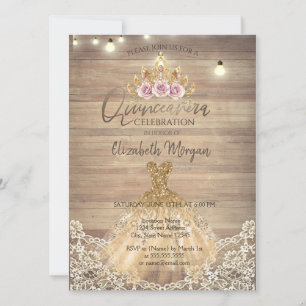 Invitación Tocado floral de encaje, luces, vestido de Quincea