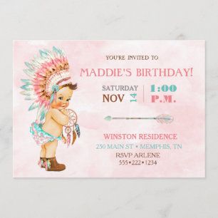 Invitación Tocado Tribal Nativo de Niña Bebé Rosa Claro Acuát