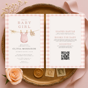 Invitación Toda en una línea de ropa para bebé niña rosa rubo