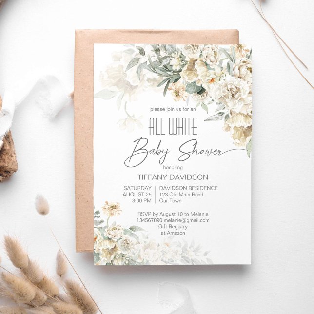 Invitación Toda la ducha blanca de bebé plateado florido blan (All white baby shower invitation template silver sage white flowers modern calligraphy script )