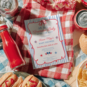 Invitación Toda la Ducha de Bebe Americana Rayas Rojas y Azul
