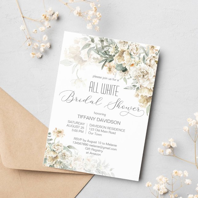 Invitación Toda la ducha de novia blanca plateada floral blan (All white bridal shower silver white sage floral invitation template for white themed bridal shower)