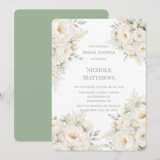 Invitación Toda la ducha nupcial floral blanca (Anverso / Reverso)