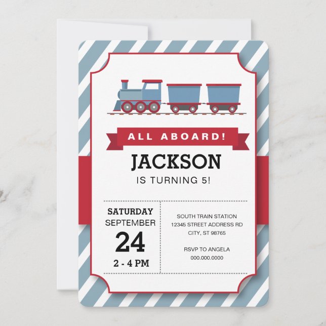 Invitación TODA la fiesta de cumpleaños del tren azul rojo AB (Anverso)