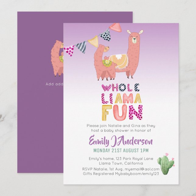 Invitación Toda la Llama Fun Mama Love Fiesta Cacti (Anverso / Reverso)