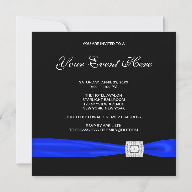 Invitación Toda ocasión negro y azul real (Anverso)