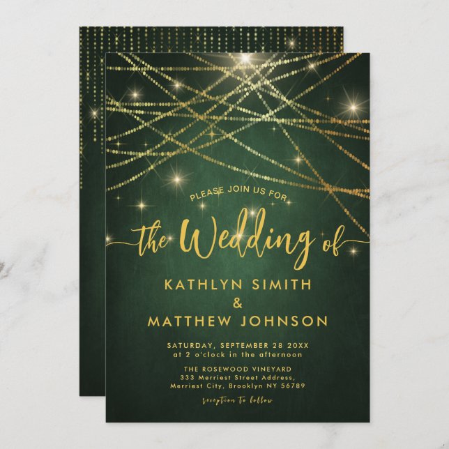Invitación Todas En Una Elegante Sparkling Gold String Lights (Anverso / Reverso)