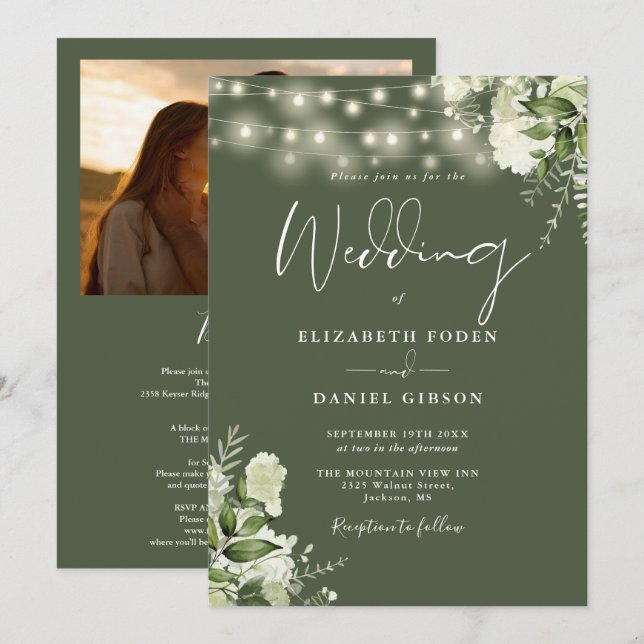 Invitación Todas En Una Luz De Verdor Foto Boda De Olivo (Anverso / Reverso)