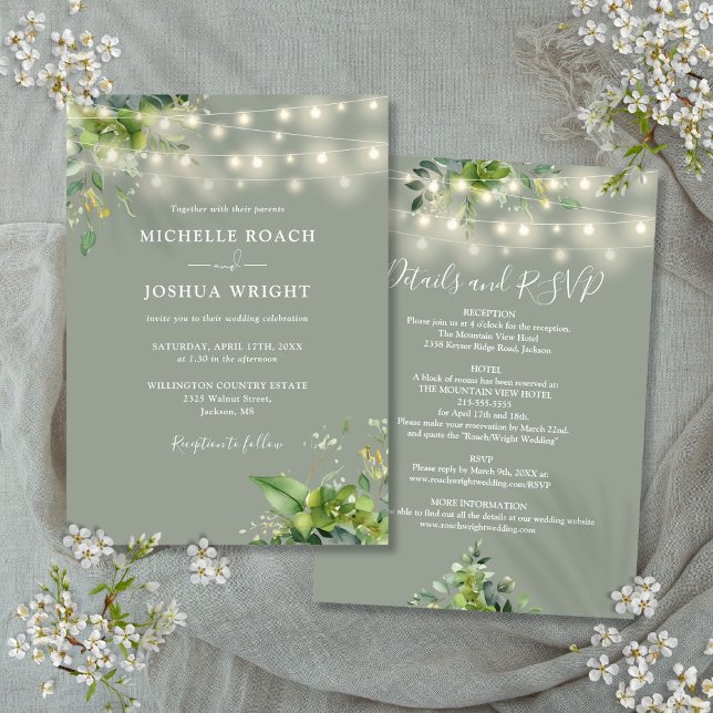 Invitación Todas En Una Luz De Verdor Sage Green Boda (All In One Greenery Lights Sage Green Wedding Invitation)
