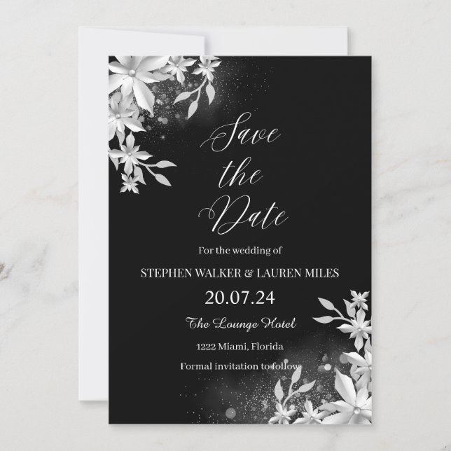 Invitación Todas las Florales Negras Salven Al Boda De Fecha (Anverso)