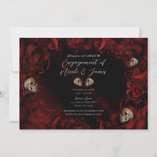 Invitación Todas las rosas rojas y cráneos oscuro compromiso  (Anverso)