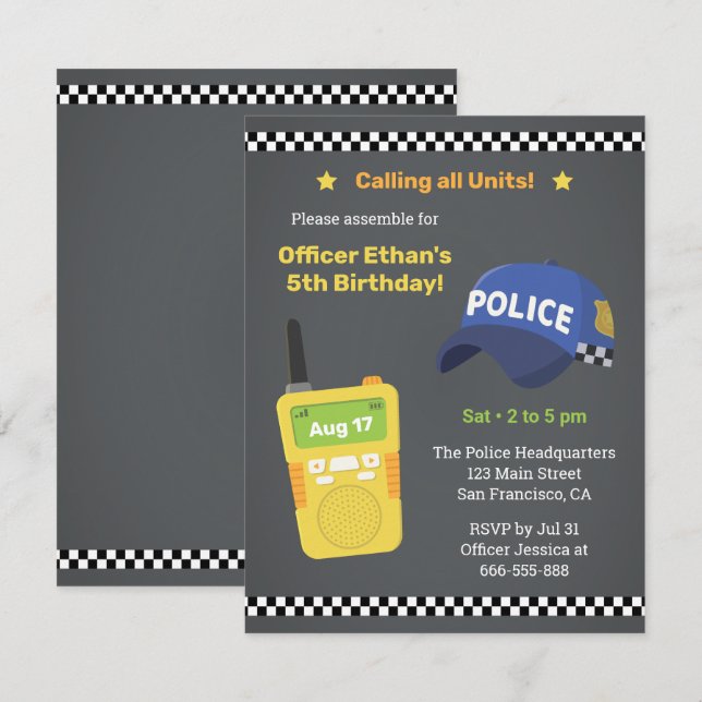 Invitación Todas las unidades Walkie Talkie Policía Infantil  (Anverso / Reverso)