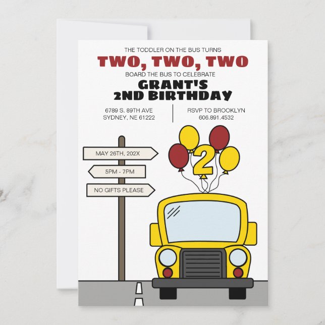 Invitación Toddler on the Bus Turns Two Kid's 2nd Birthday (Anverso)
