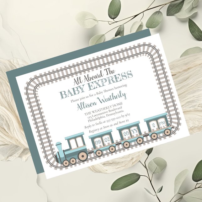 Invitación Todo a bordo del Baby Express Train Boy Baby Showe ("All Aboard The Baby Express" Blue Train Boy Baby Shower)