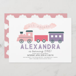 Invitación Todo a bordo del tren de vapor Chica rosado Primer