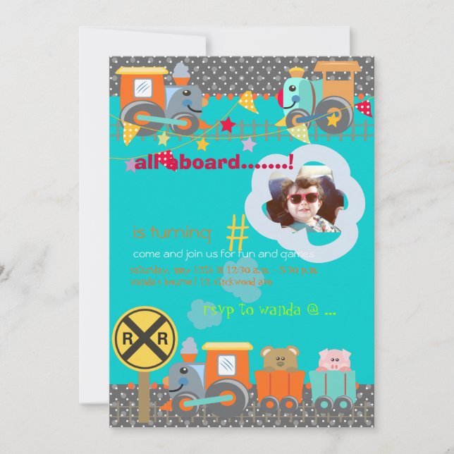 Invitación Todo a bordo, la fiesta de cumpleaños del tren inv (Anverso)