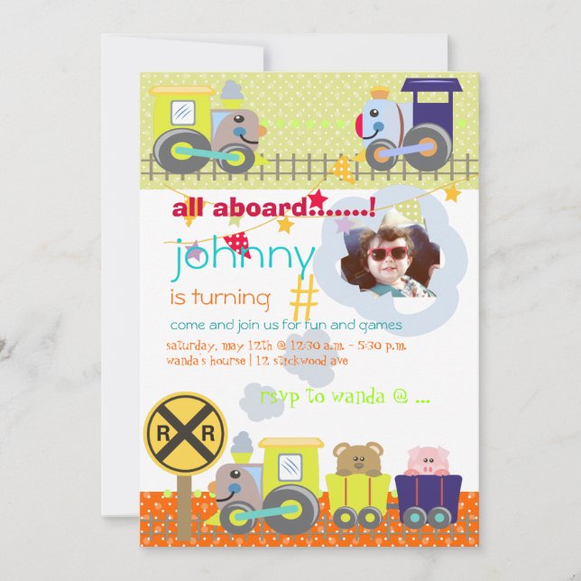 Invitación Todo a bordo, la fiesta de cumpleaños del tren inv (Anverso)