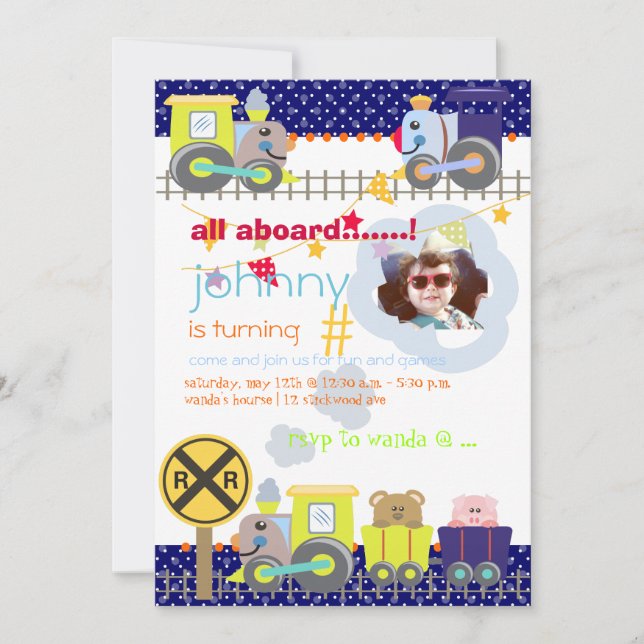 Invitación Todo a bordo, la fiesta de cumpleaños del tren inv (Anverso)