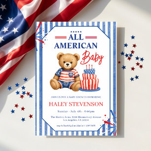 Invitación Todo americano Baby Shower Patriótico Oso de peluc