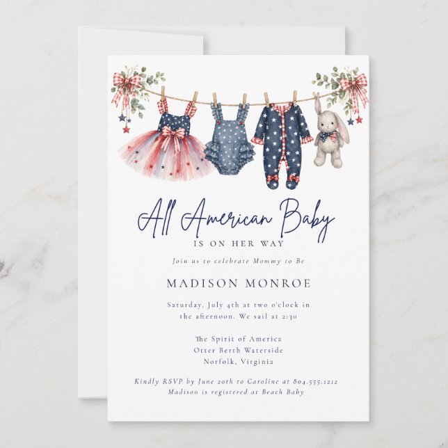 Invitación Todo Americano Patriótico Ropa de Bebé Shower  (Anverso)