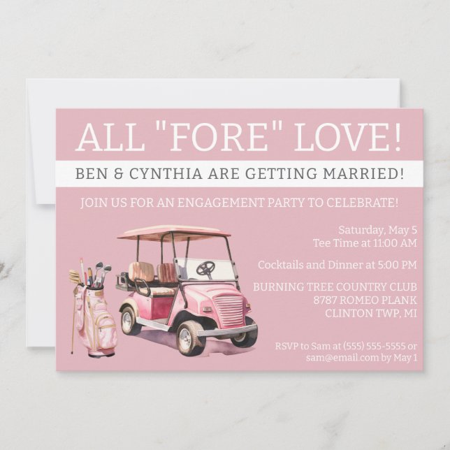 Invitación Todo amor "FORE", compromiso temático de golf, bod (Anverso)