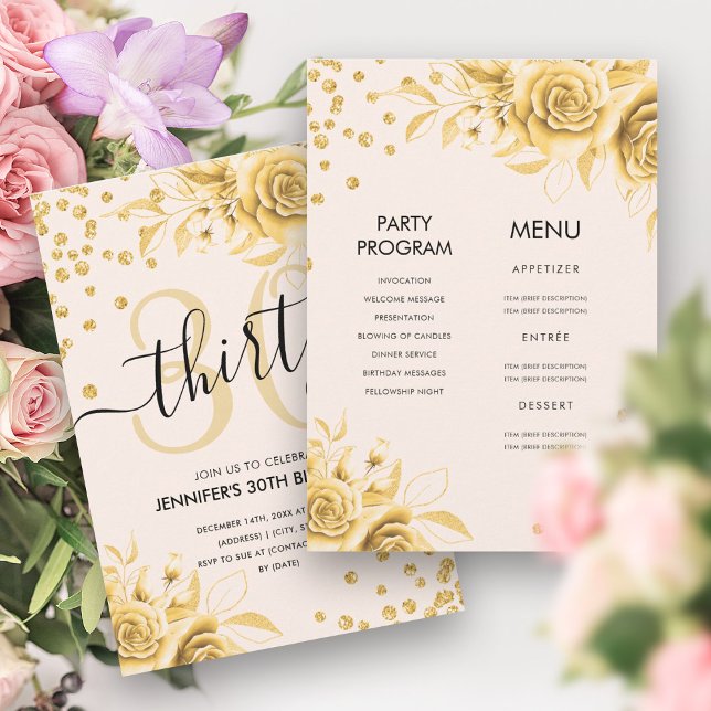 Invitación Todo de oro en un Purpurina floral cumpleaños núme (Gold All in One Floral Glitter 30th Birthday Invitation)