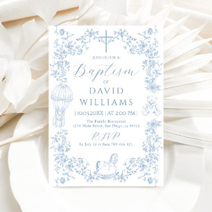 Invitación Todo el bautismo de niño con toile azul elegancia