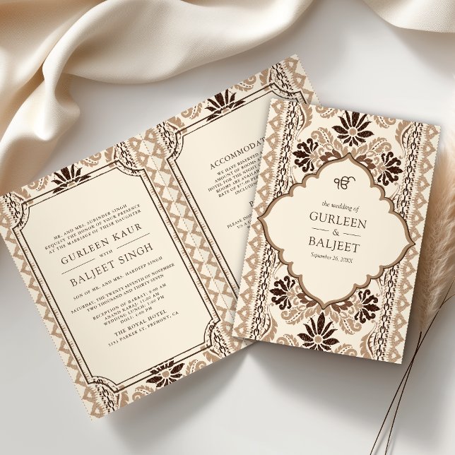 Invitación Todo el Ikat beige crema marrón en un Boda sij (Subido por el creador)