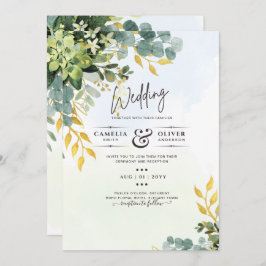Invitación Todo en 1 verde Eucaliptus de oro deja Boda