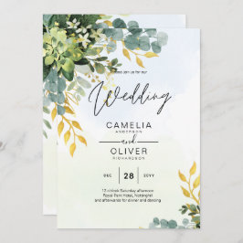 Invitación Todo en 1 verde Eucaliptus de oro deja Boda