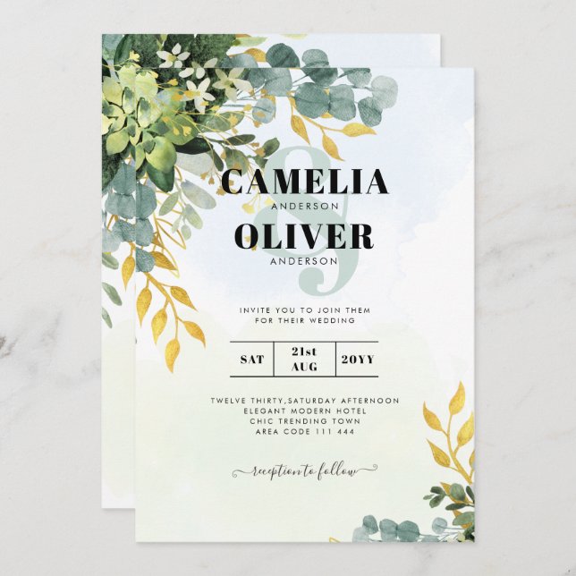 Invitación Todo en 1 verde Eucaliptus de oro deja Boda (Anverso / Reverso)