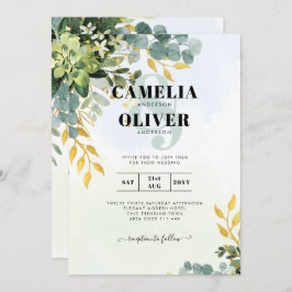 Invitación Todo en 1 verde Eucaliptus de oro deja Boda