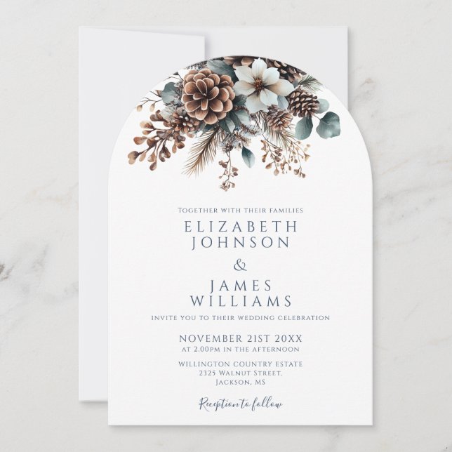 Invitación Todo En Un Arco Boda De Código De Pinecona Floral  (Anverso)