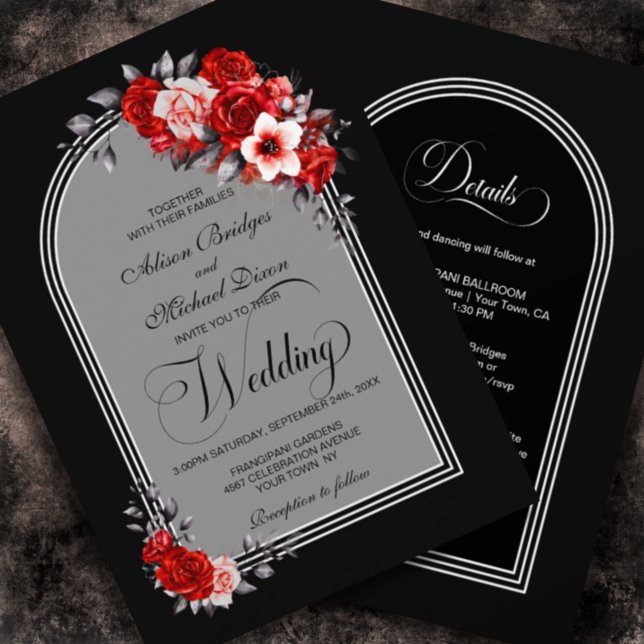 Invitación Todo En Un Arco Floral Rojo Boda Plata Negro (Subido por el creador)