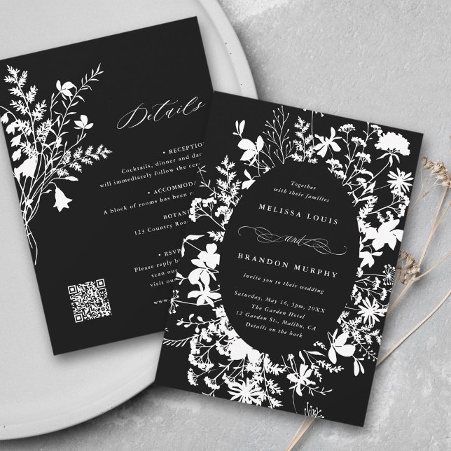 Invitación Todo En Un Blanco Marco De Flor Silvestre Boda Neg (Front & Back)