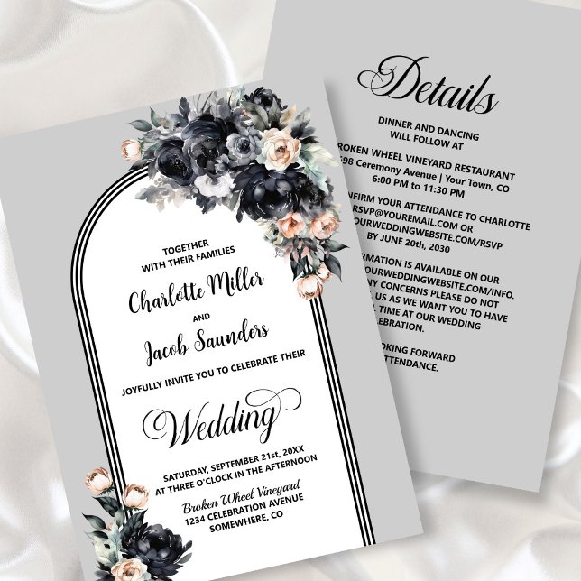 Invitación Todo En Un Boda De Arco Gris Floral Negro (Subido por el creador)