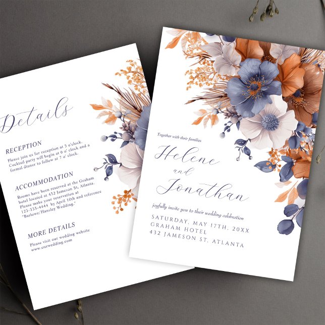 Invitación Todo En Un Boda De Floral Elegante Y Polvoriento R (All In One Floral Elegant Dusty Blue Rust Wedding Invitation)