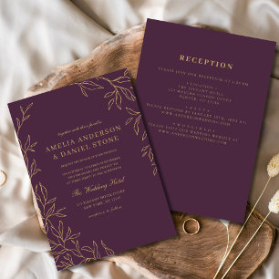 Invitación Todo en un Boda de hoja mínima de oro púrpura de c