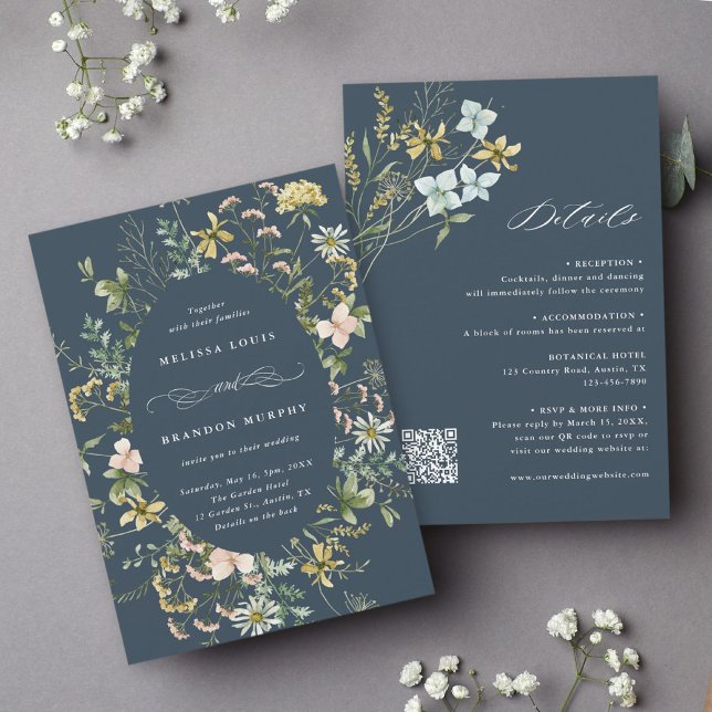 Invitación Todo En Un Boda De Marco De Flor Silvestre Azul (Subido por el creador)