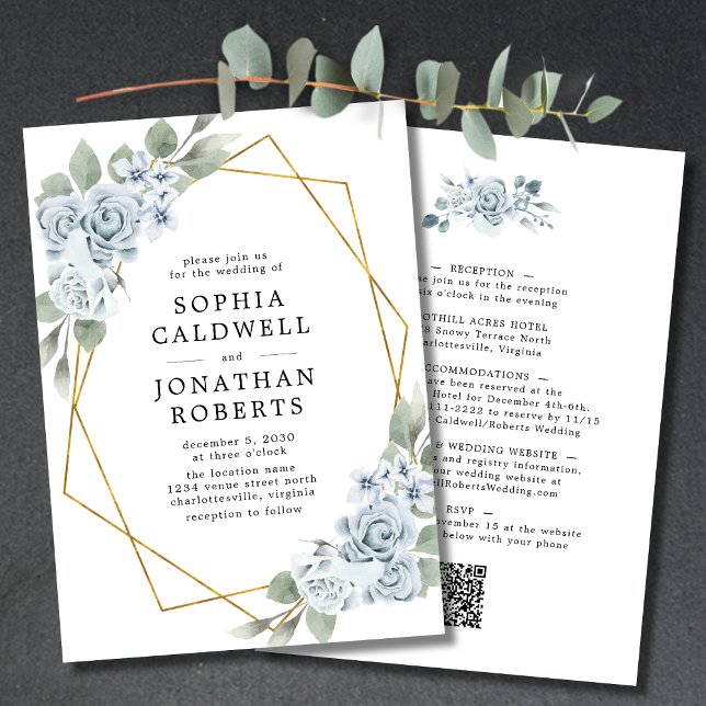 Invitación Todo en un Boda de marco geométrico floral azul (Wedding Invitation All in One Double Sided QR Code Blue Floral Geometric Frame)