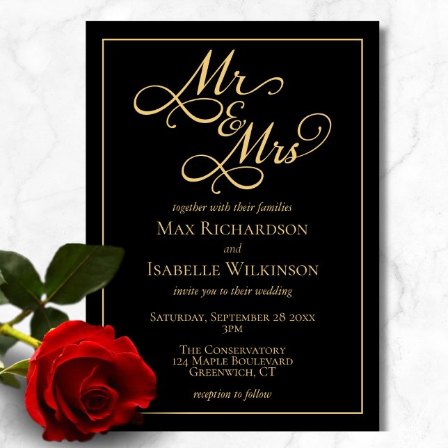 Invitación Todo en un Boda elegante negro y oro (Chic elegant all in one black and gold wedding invitation, mr and mrs, script calligraphy typography)