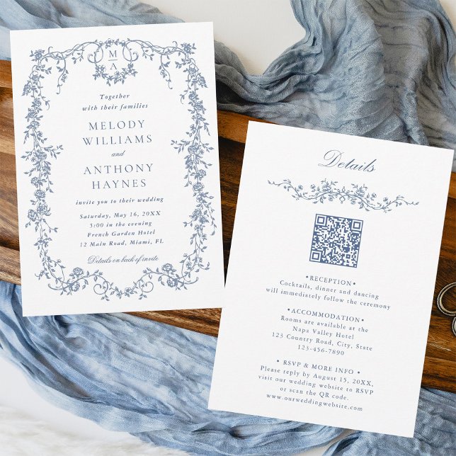 Invitación Todo en un Boda floral azul victoriano (Front & Back)